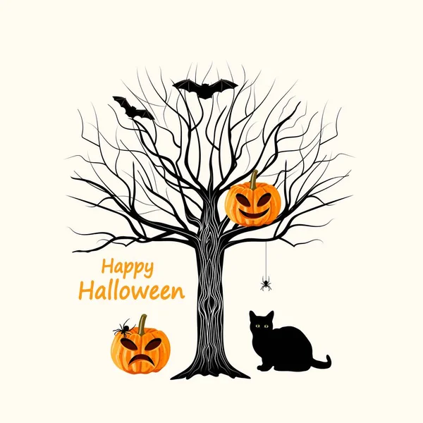 Feliz ilustração vetorial de Halloween com gato preto, árvore, abóboras e morcegos —  Vetores de Stock