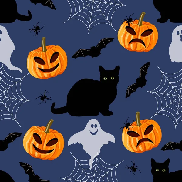 Halloween sem costura padrão com gato preto, morcego, aranha, teia e abóbora. —  Vetores de Stock