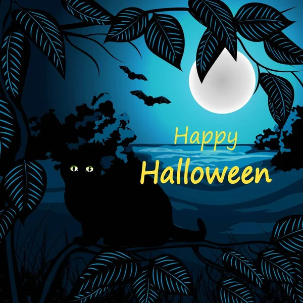 Feliz ilustração vetorial de Halloween com gato preto, árvore e morcegos. —  Vetores de Stock