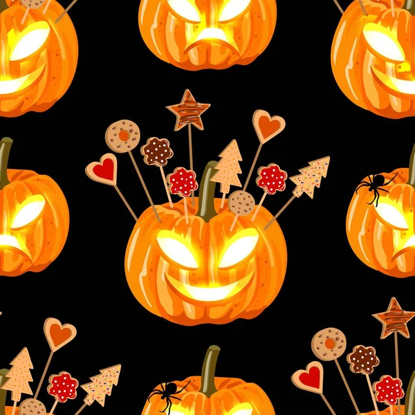 Halloween sömlösa mönster witn pumpor och kex för barnen. — Stock vektor