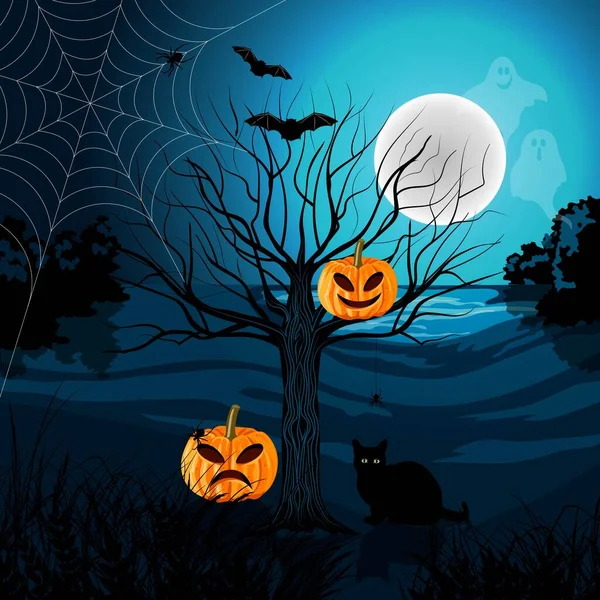 Glad Halloween vektor illustration med svart katt, träd, pumpor och fladdermöss. — Stock vektor