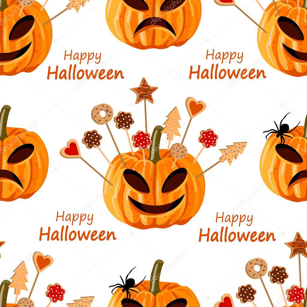Halloween seamless pattern witn pumpkins and biscuits for the children.
