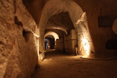 Kiryat Tivon, İsrail - 18 Mart 2019. Bet Shearim Ulusal Parkı Yahudi Nekropolü'nde, Bir Yahudi mezar mağarasında, Roma dönemi tabutlarından çeşitli lahitler, Kuzey İsrail
