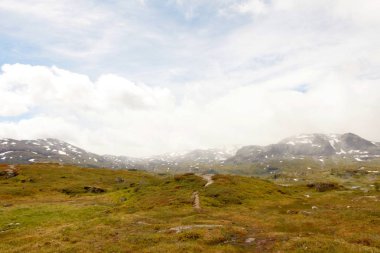 Norveç fiyort sahilinde karlı dağlar ve mavi soğuk gökyüzü