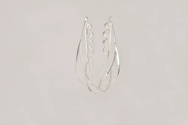 Two beautiful silver earrings on white backdrop — Stock Photo, Image