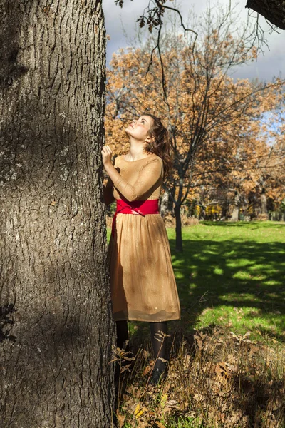 Retrato elegante mujer joven mirando un árbol. Aspiración. En — Foto de Stock