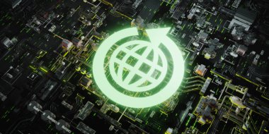 Dairesel okla parlayan 3D bir dünya simgesi, karmaşık dijital teknoloji arka planında küresel sürdürülebilirliği ve yeşil yeniliği sembolize eder..