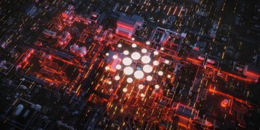 Parlayan bir 3D kripto para birimi simgesi, karmaşık veri akışlarına sahip gelecekçi bir anakart üzerindeki dijital finans ve engelleme zinciri yeniliğini sembolize eder.