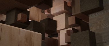 Geometrik blokların doğal ahşap tahıl ve dokulu yüzeylerle dinamik bileşimi soyut bir mimari zemin oluşturur..