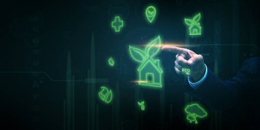 Şirket sürdürülebilirlik görüntüsü. Çevreye duyarlı finansman için yeşil mimari, yenilenebilir enerji ve eko-ticaret işbirliği görselleri.