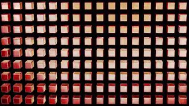 Kırmızı kenarlı senkronize bej küpler, veri ağları veya dijital sistemlerin kavramları için soyut 4K hareket grafikleri oluşturur.