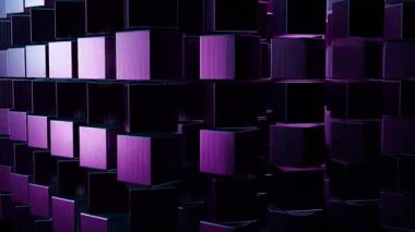 Asgari Gelecekçi Mor ve Mavi Küp Duvar animasyonları, değişen bloklarla teknoloji arka planları ve dijital veri kavramları için kusursuz bir döngü