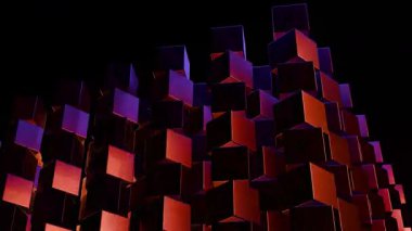 Evrensel Mor ve turuncu geometrik düzlemler fütüristik bir dijital yapı oluştururlar. Teknolojik yenilik ve ağ için soyut bir animasyon.