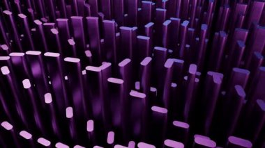 Ritmik Dalga Animasyonunda Mor ve Mavi 3D Sütunlar Dijital manzara veya veri akışlarını öneren fütüristik hareketli bir arkaplan