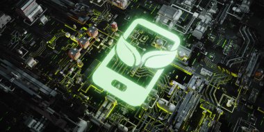 Bir yaprak ve telefonun parlayan 3D simgesi, yeşil enerji ve eko teknolojisini temsil eden, gelecekteki dijital devrede sürdürülebilir bir yeniliği sembolize eder..