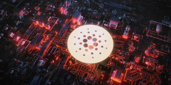 Parlayan bir 3D kripto para birimi simgesi, merkezi olmayan finansmanı temsil eden fütüristik kırmızı dijital devre ağının üzerinde yüzen blok zinciri yeniliğini sembolize eder..