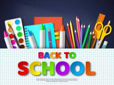 Geri okul tipografi tasarım için gerçekçi okul malzemeleri. Kağıdı kare kağıt üzerinde blackboard arka plan stili harfleri kesin. Vektör çizim.