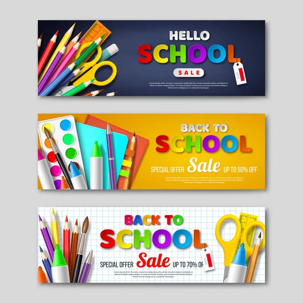 Powrót do szkoły sprzedaż poziome banery z 3d przybory szkolne realistyczne i papieru wyciąć stylu litery. — Wektor stockowy