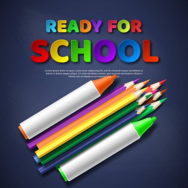 Okul gazetesi gerçekçi renkli kalemler ve işaretleyiciler stil harflerle kesmek için hazır. Blackboard arka plan, vektör çizim.