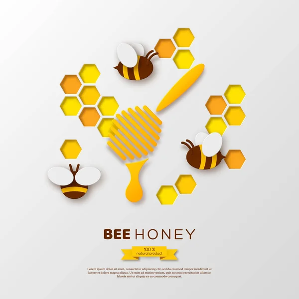 Bee med vaxkakor och strömstare, papper skära ctyle. Formgivningsmall för beekiping och honung produkt. Vit bakgrund, vektorillustration. — Stock vektor