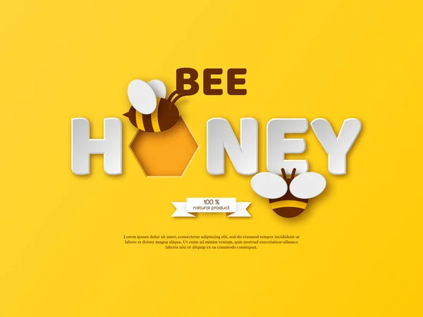 Bee honung typografisk design. Papper skär stil bokstäver, kam och bee. Vit bakgrund, vektorillustration. — Stock vektor