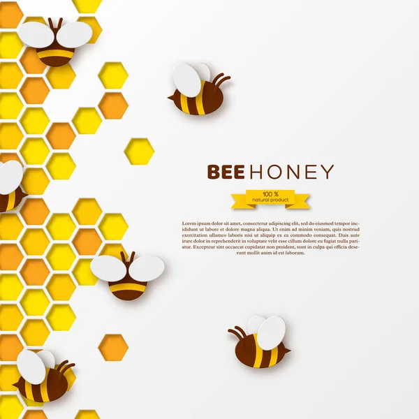 Bee med vaxkakor, papper skära ctyle. Formgivningsmall för beekiping och honung produkt, vit bakgrund, vektorillustration. — Stock vektor