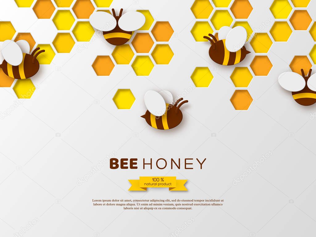 Paper cut style bee with honeycombs. Template design for beekiping and honey product. White background, vector illustration.