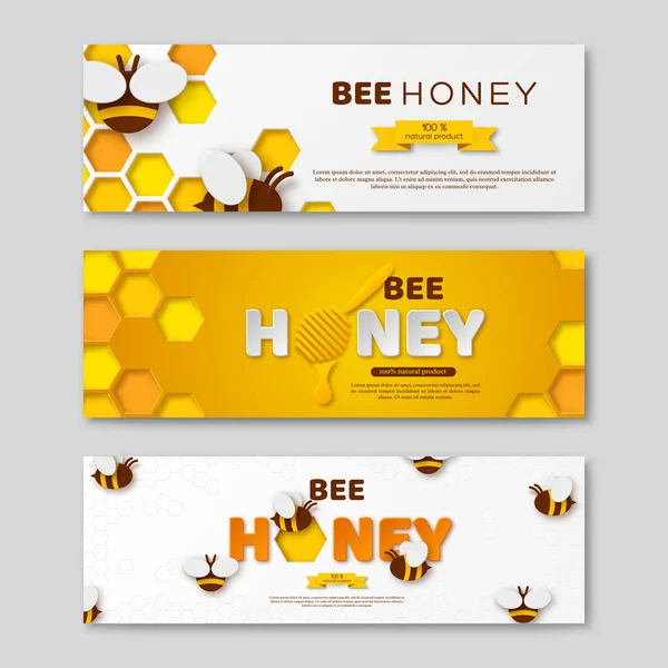 Bee honung horisontella banners med papper skära stil bokstäver, kam och bin, vektorillustration. — Stock vektor