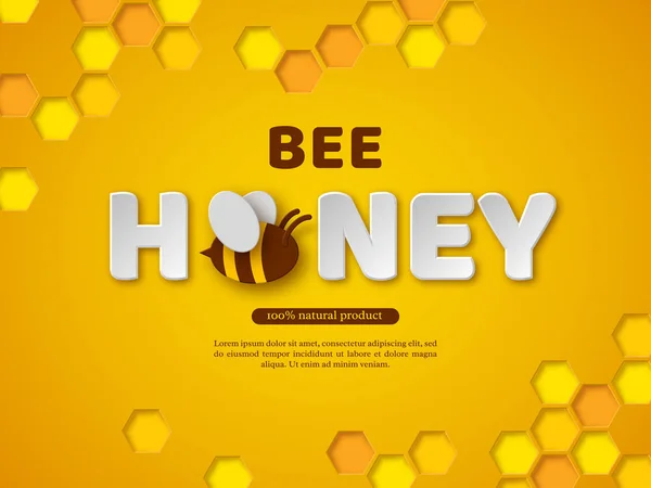 Bee honung typografisk design. Papper skär stil bokstäver, kam och bee. Gul bakgrund, vektorillustration. — Stock vektor