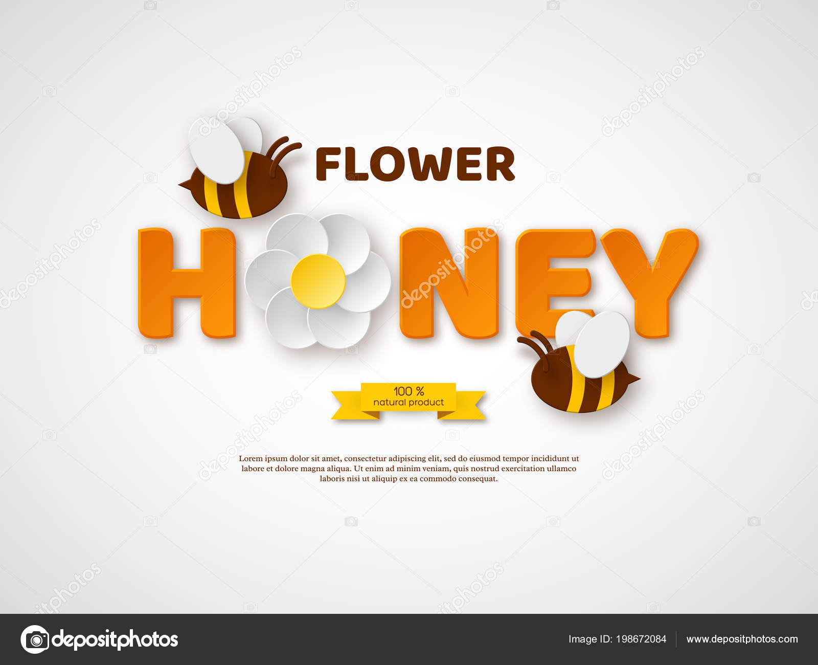 Flower honey typographic design. Paper cut style letters, flower and