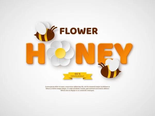 Blomma honung typografisk design. Papper skär stil bokstäver, blommor och bin. Formgivningsmall för beekiping och honung produkt. Vit bakgrund, vektorillustration. — Stock vektor