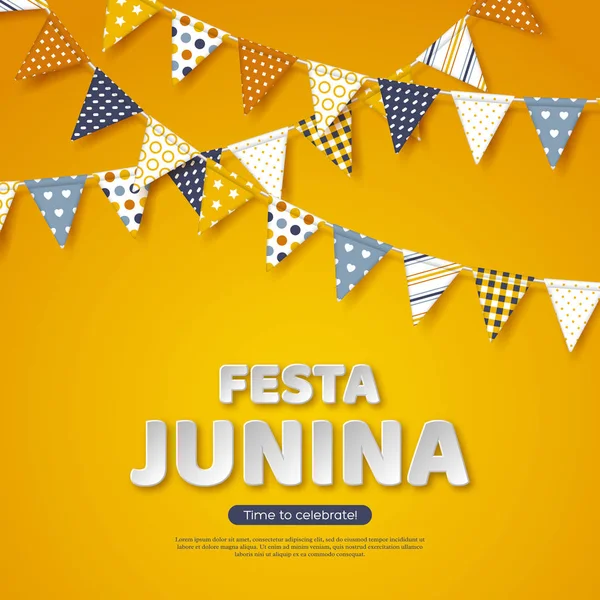 Festa Junina tatil tasarım. Kağıdı tarzı harfleri kiraz kuşu bayrağı ile sarı arka plan üzerinde kesin. Brezilya veya Latin festival, parti, vektör çizim için şablon.