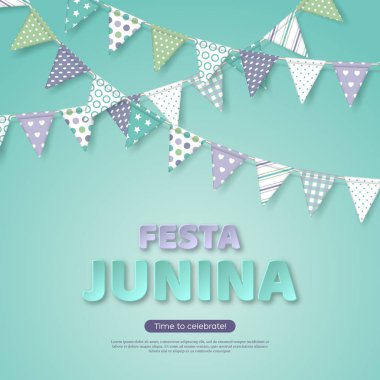 Festa Junina tatil tasarım. Kağıt üzerinde açık turkuaz renkli stil harfleri kiraz kuşu bayrağı ile kesti. Brezilya veya Latin festival, parti, vektör çizim için şablon.