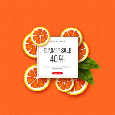 Dilimlenmiş Greyfurt parçaları, yaprak ve noktalı deseni ile yaz satış banner. Turuncu arka plan - sezonluk indirimler, vektör çizim için şablon.