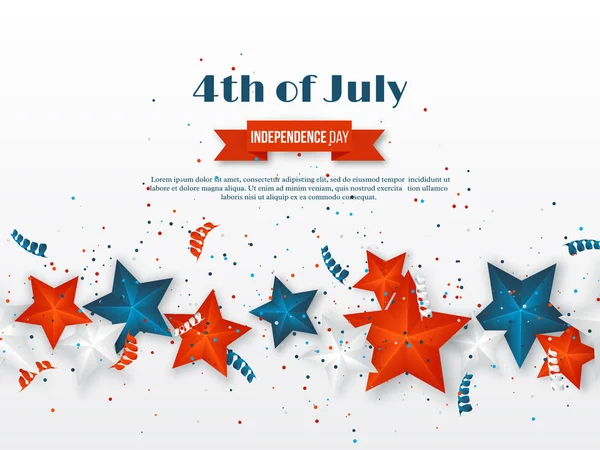 4 luglio - Giorno di indipendenza dell'America. Sfondo vacanza americano. Stelle 3d in colori nazionali con serpentino e coriandoli., illustrazione vettoriale . — Vettoriale Stock