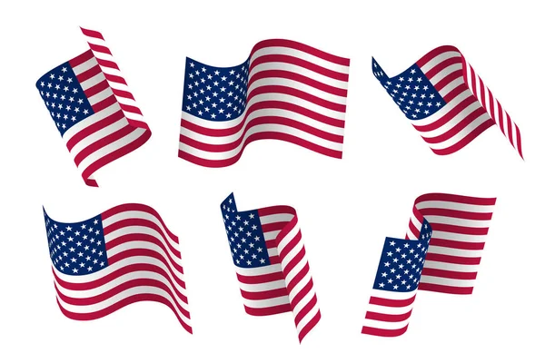 Set Usa Waving Flag Isolated White Vector Illustration — Stock Vector