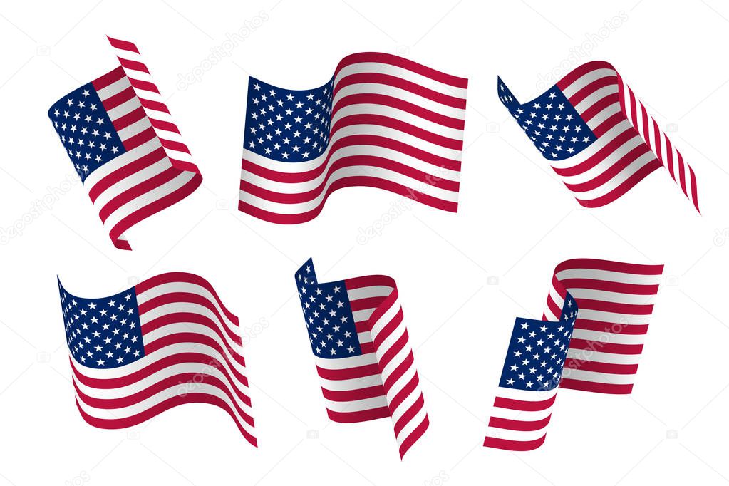 Set of 3d USA waving flag. Isolated on white. Vector illustration.