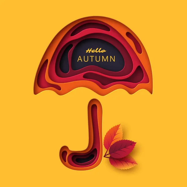 Осенью 3d бумаги вырезать зонтик с листьями. Абстрактный фон с цветами желтого, оранжевого, фиолетового. Дизайн для оформления, бизнес-презентации, плакатов, листовок, принтов, векторов . — стоковый вектор