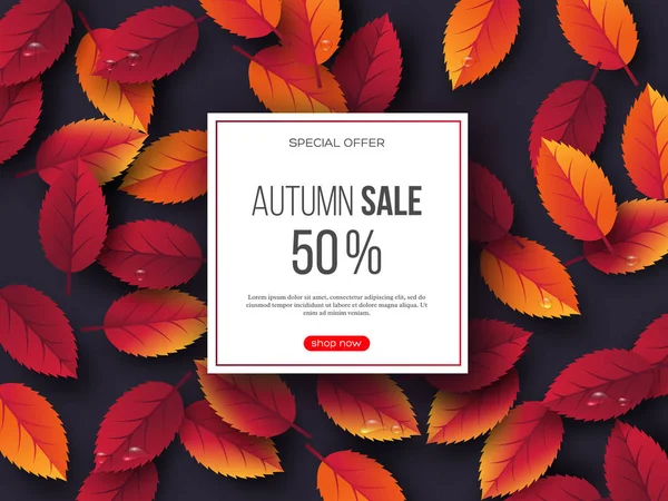 Bannière de vente d'automne avec feuilles 3D et gouttes d'eau. Fond violet - modèle de rabais saisonniers, illustration vectorielle . — Image vectorielle