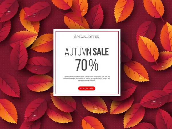 Bannière de vente d'automne avec des feuilles 3d et motif pointillé. Fond rouge - modèle de rabais saisonniers, illustration vectorielle . — Image vectorielle