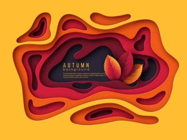 Autumn 3D бумажный вырезанный фон. Абстрактные формы с листьями желтого, оранжевого, фиолетового цветов. Дизайн для оформления, бизнес-презентации, плакатов, листовок, принтов, векторной иллюстрации . — стоковый вектор