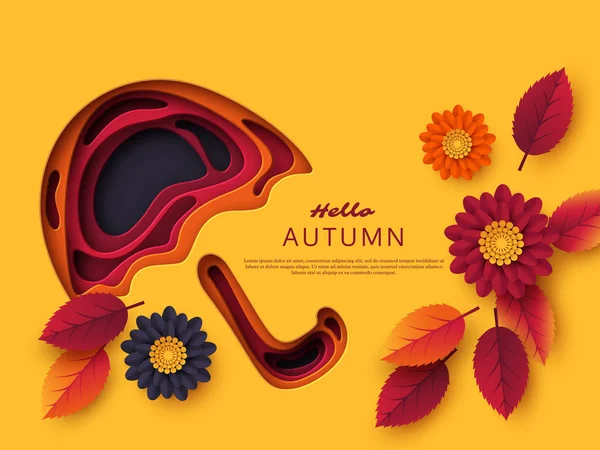 Осенью 3d бумаги сократить зонтик с листьями и цветами. Абстрактный фон с цветами желтого, оранжевого, фиолетового. Дизайн для оформления, бизнес-презентации, плакатов, листовок, принтов, векторов . — стоковый вектор