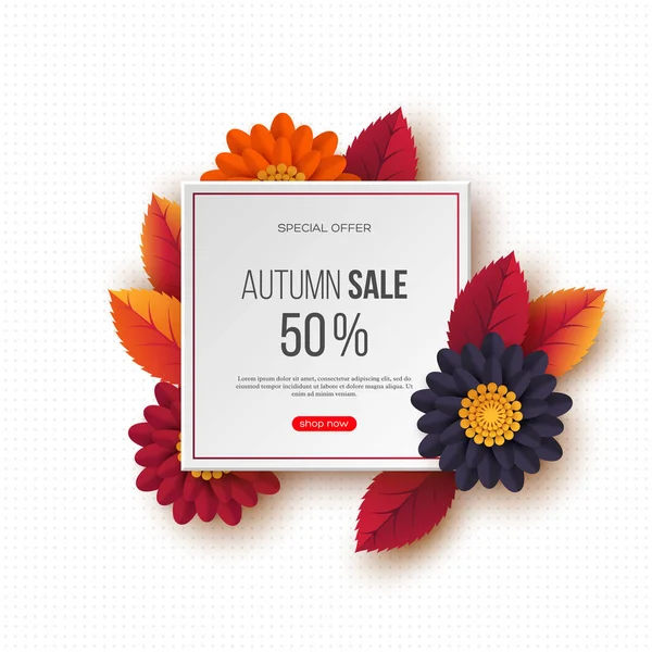 Bannière de vente d'automne avec des feuilles 3d, des fleurs et un motif pointillé. Fond blanc - modèle de rabais saisonniers, illustration vectorielle . — Image vectorielle