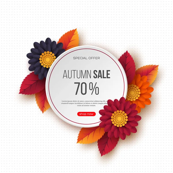 Bannière ronde de vente d'automne avec des feuilles 3d, des fleurs et un motif pointillé. Fond blanc - modèle de rabais saisonniers, illustration vectorielle . — Image vectorielle