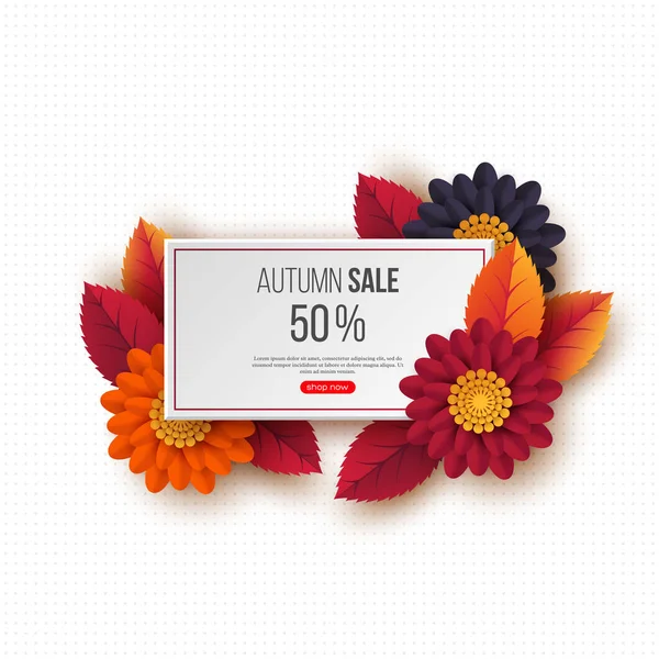 Bannière rectangulaire de vente d'automne avec des feuilles 3D, des fleurs et un motif pointillé. Fond blanc - modèle de rabais saisonniers, illustration vectorielle . — Image vectorielle