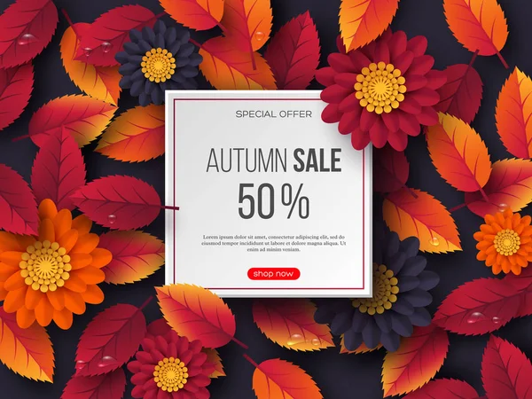 Bannière de vente d'automne avec des feuilles 3D, des fleurs et des gouttes d'eau. Fond violet - modèle de rabais saisonniers, illustration vectorielle . — Image vectorielle