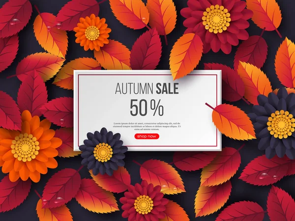 Bannière rectangulaire de vente d'automne avec des feuilles 3D, des fleurs et des gouttes d'eau. Fond violet - modèle de rabais saisonniers, illustration vectorielle . — Image vectorielle