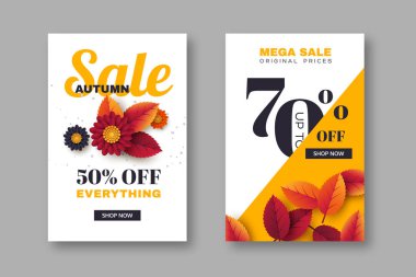 3d yaprak ve çiçek ile sonbahar satış afiş. Sarı, beyaz arka plan - sezonluk indirimler, vektör çizim için şablon.