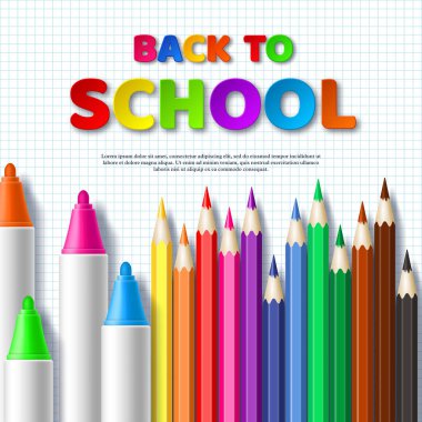 Geri okul tipografi tasarımı için gerçekçi renkli kalemler ve işaretleyiciler ile. Kağıdı tarzı harf kare Kağıt arka planda, vektör çizim kesin..