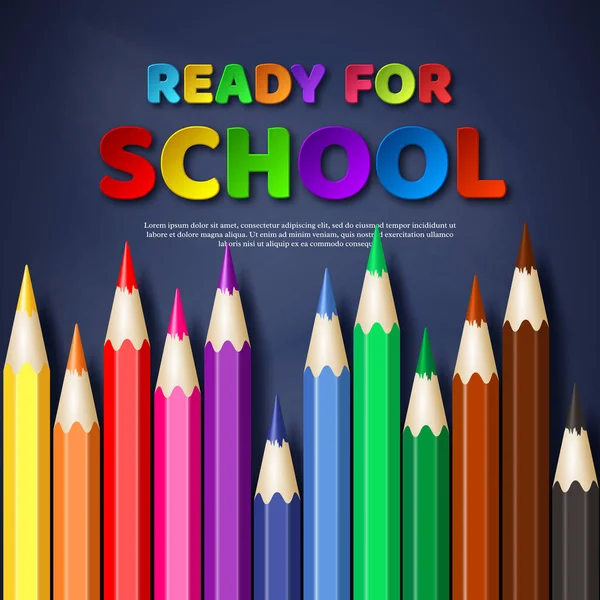 Prêt pour les lettres de style de coupe de papier scolaire avec des crayons colorés réalistes. Arrière-plan tableau, illustration vectorielle . — Image vectorielle